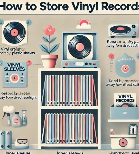 Infographic on proper storage methods for vinyl records, including illustrations of how to organize and protect your collection