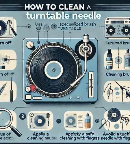 How to Clean Turntable Needle: A step-by-step guide infographic for properly cleaning a turntable needle to improve sound quality