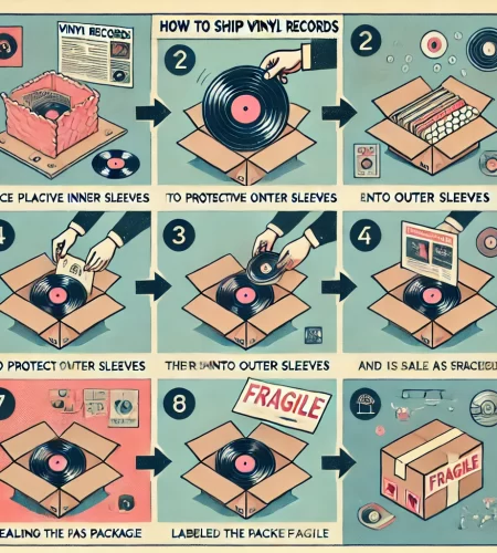 Step-by-step guide on how to safely ship vinyl records, as shown in an infographic titled 'How to Ship Vinyl Records'