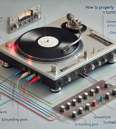 Step-by-step guide on how to properly ground a turntable, showing a close-up of the grounding wire in a turntable setup.