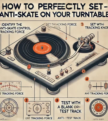 a close-up view of the anti-skate adjustment mechanism being set to the optimal position. This step-by-step guide will help beginners and audiophiles alike achieve the best sound quality from their turntable setup.